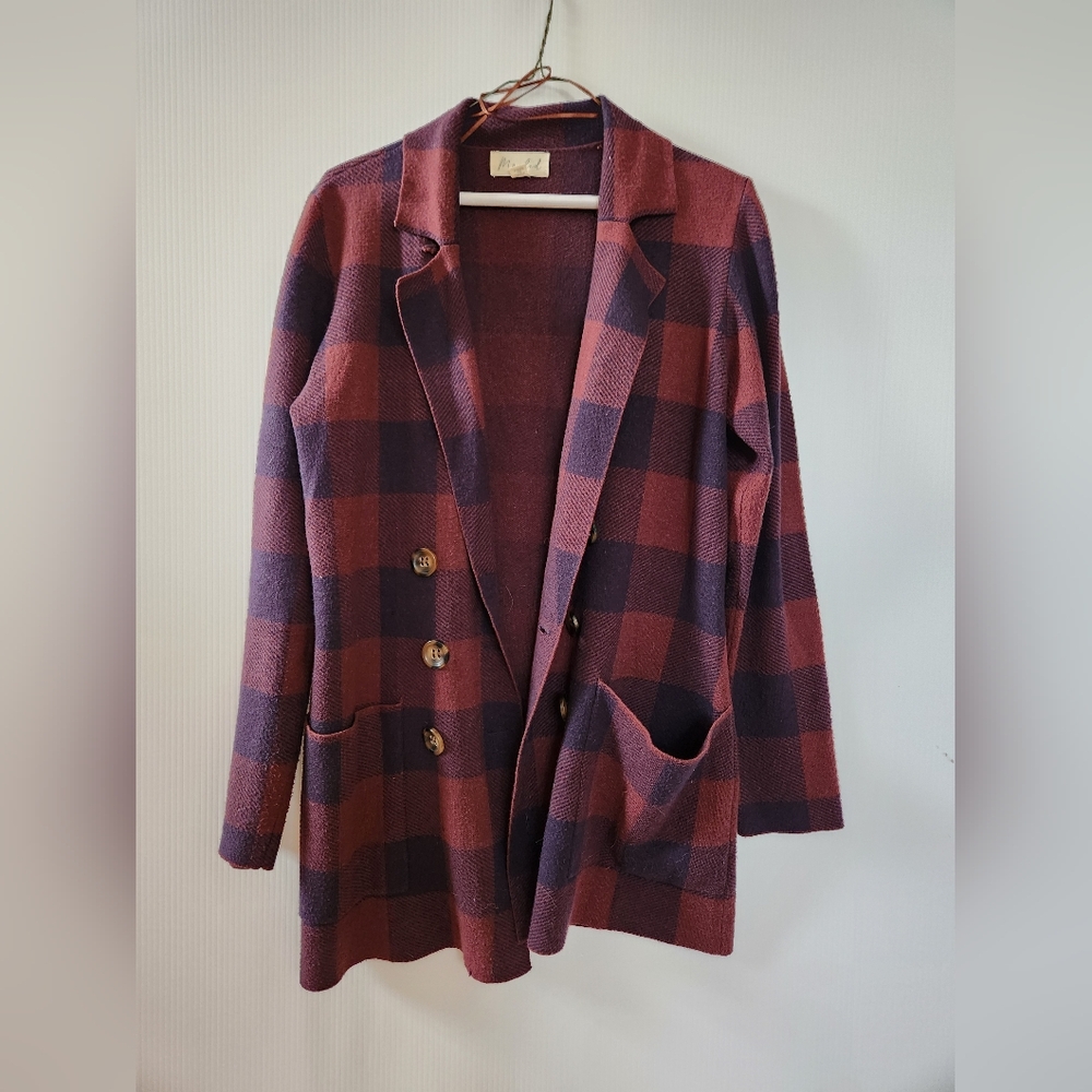 Marled Burgundy and Navy Plaid Blazer Size Small